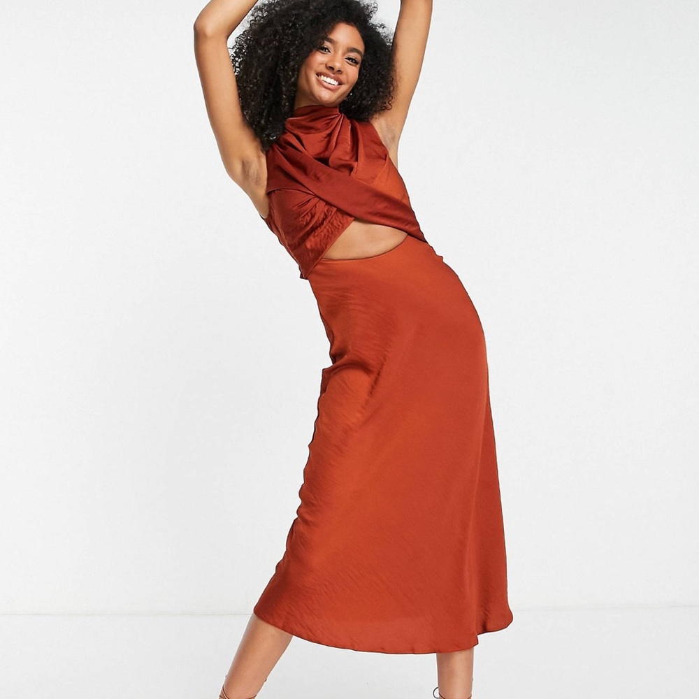 NNW— ASOS DESIGN high neck drape bias cut midi dress with cut
out details